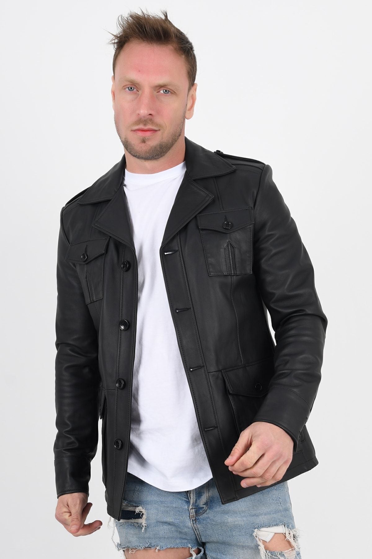 ALIN Harrison Men's Genuine Leather Safari Leather Jacket Black - MALLTURK