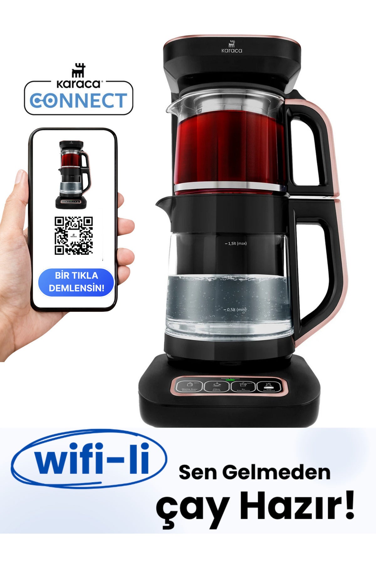 Karaca 4-in-1 Wifi Remote Controlled Talking Pro Glass Tea Maker, Filter Coffee Maker, Baby Bottle Water Maker - MALLTURK