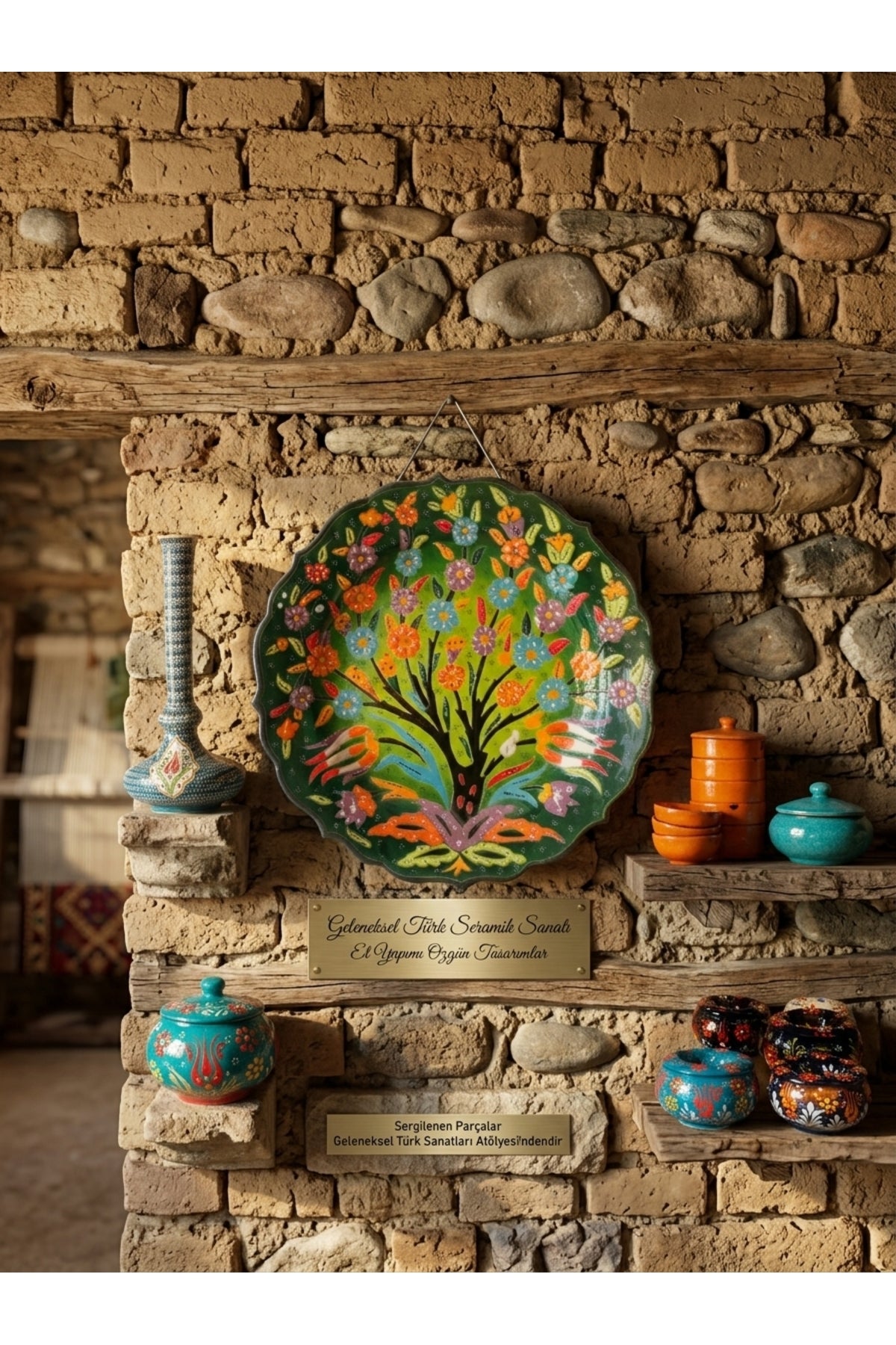 General Brands Traditional Handmade Hayat Agaci Patterned Green Tile Wall Plate and Pano (30 cm) - MALLTURK
