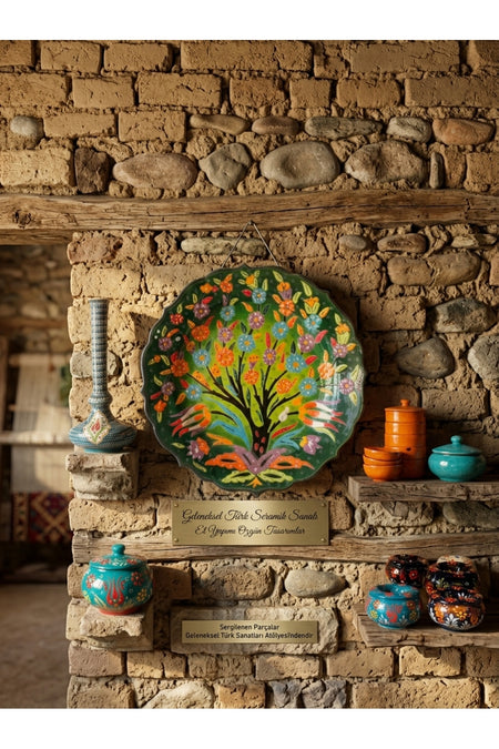 General Brands Traditional Handmade Hayat Agaci Patterned Green Tile Wall Plate and Pano (30 cm) - MALLTURK