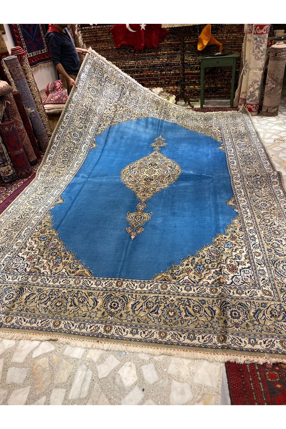 RD RAMAZAN DAG Hand Rug Art Hand-Woven Iranian Kesan Rug Signed Cotton Base Wool Weave olup Natural Dye Multicolor Rug 3.90x2.70 - MALLTURK