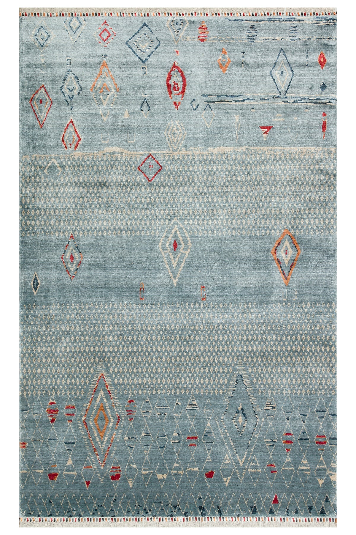 Vog Hali Efsun Handmade Blue Ethnic Patterned Lyocell Special Loom Usak Design Fringed Living Room Carpet - MALLTURK