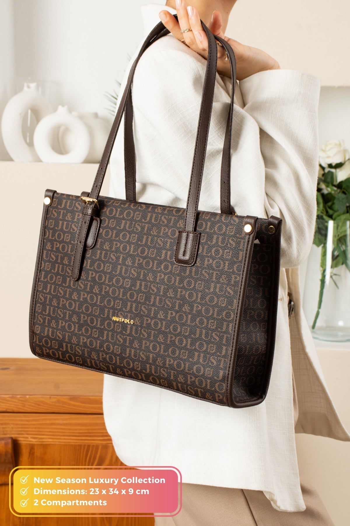 Just Polo Original Women's New Season Luxury Soft Leather Zippered Trendy & Stylish Large Handbag and Shoulder Bag Brown - MALLTURK
