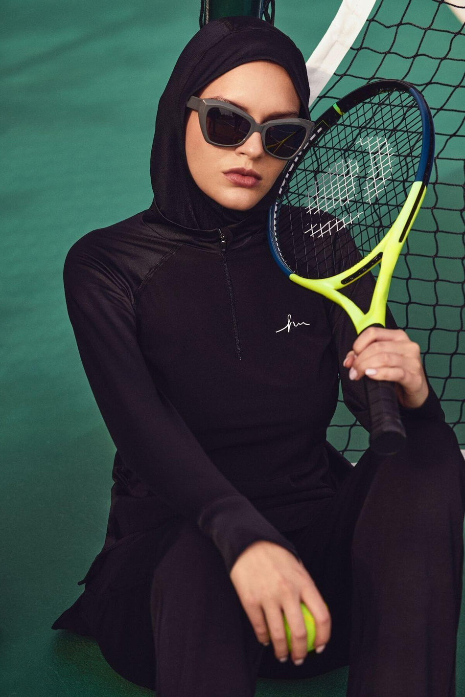 Hasema Active H-per Pocketed Long Sleeve Zip-Up Collar Black Hijab Training T-Shirt Act-7