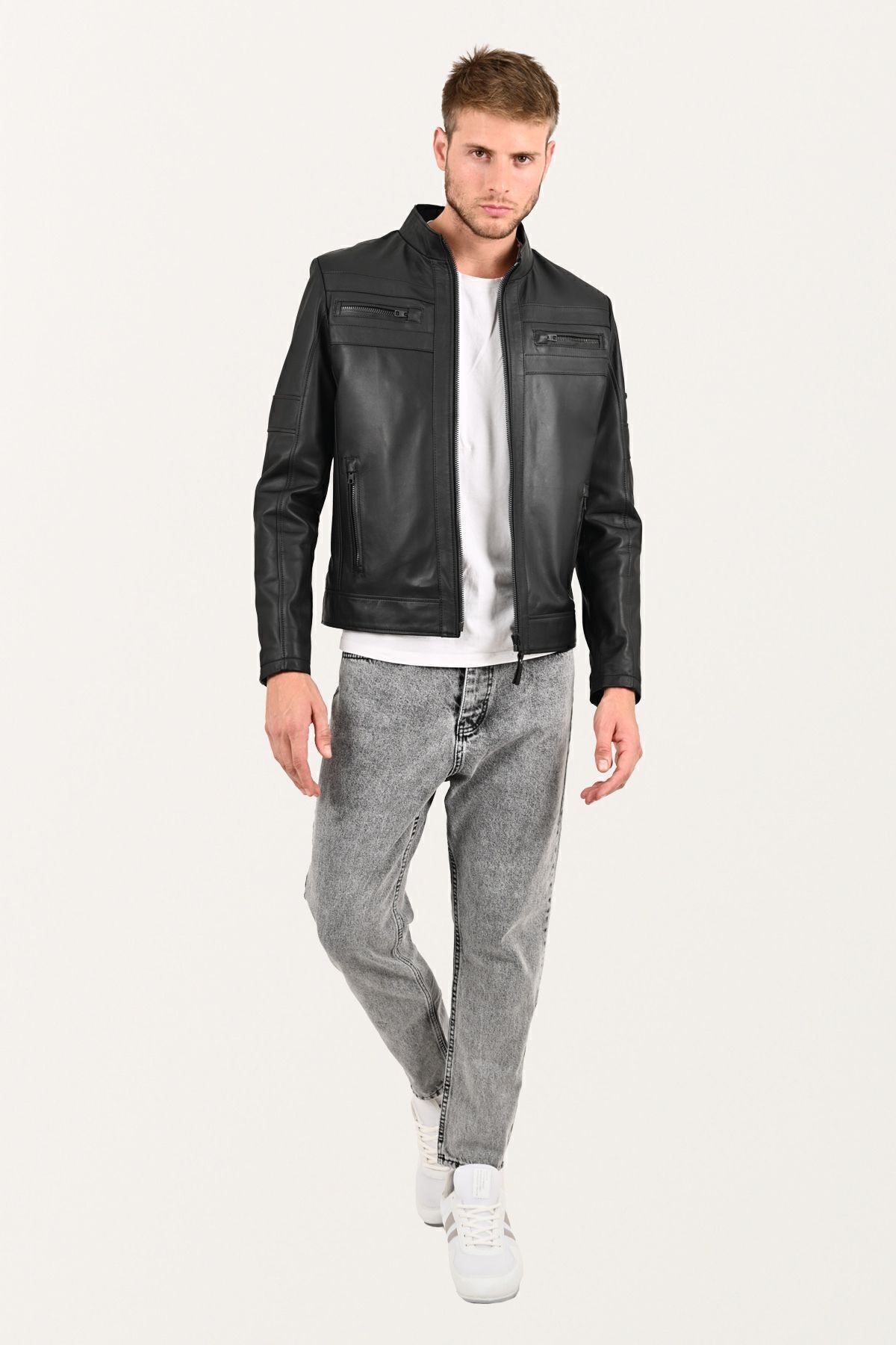 ALIN Beckham Men's Genuine Leather Stand Collar Leather Jacket Black - MALLTURK