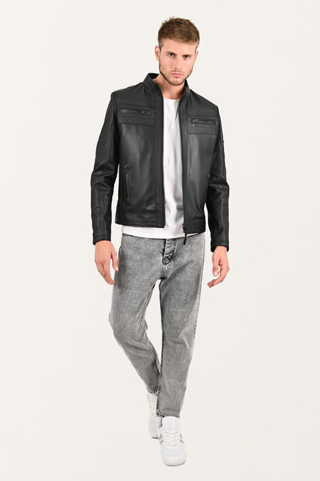 ALIN Beckham Men's Genuine Leather Stand Collar Leather Jacket Black - MALLTURK