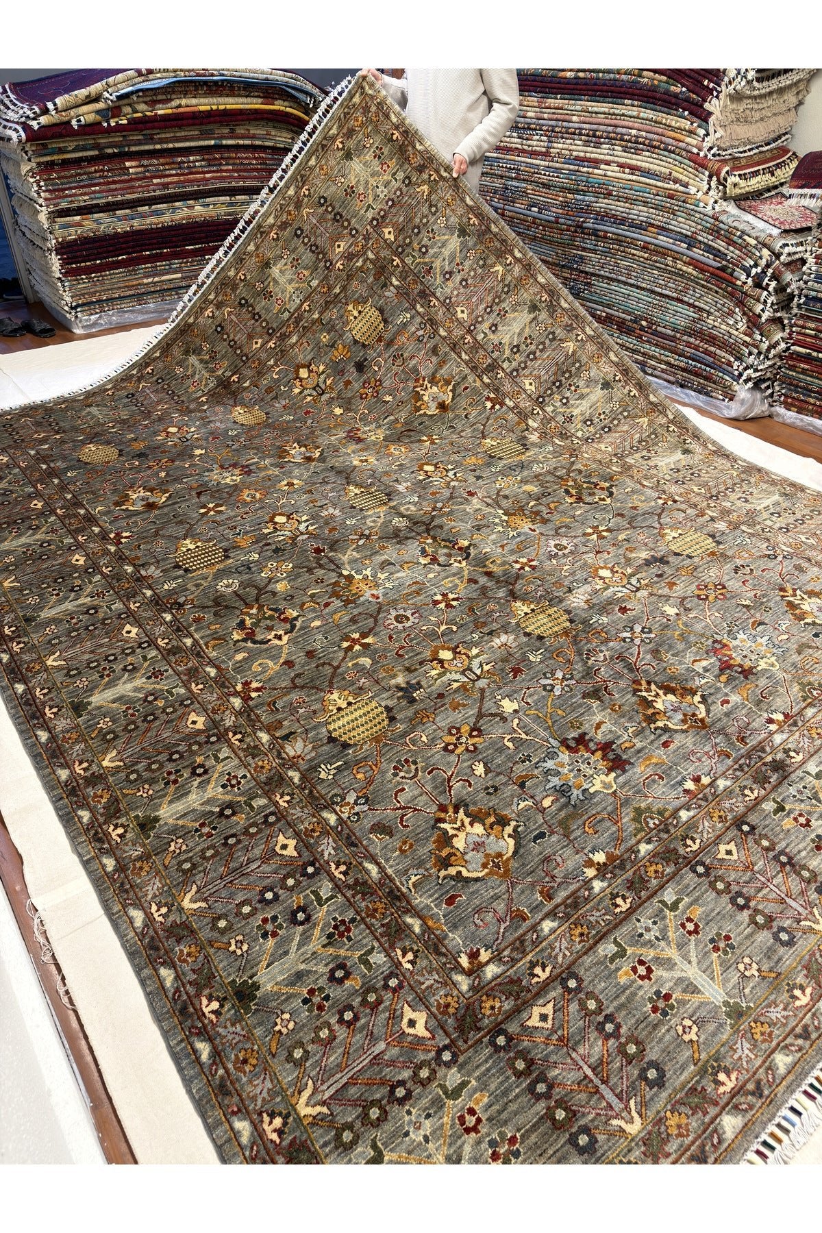 Afgan Rug Hand-Woven 10 Meter Sultani Design Grey Color 100% Wool Natural Dye Elsanat Eseri - MALLTURK