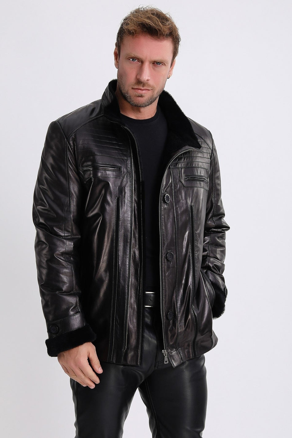 Leather Club zwarte leren jas met lamsvachtvoering