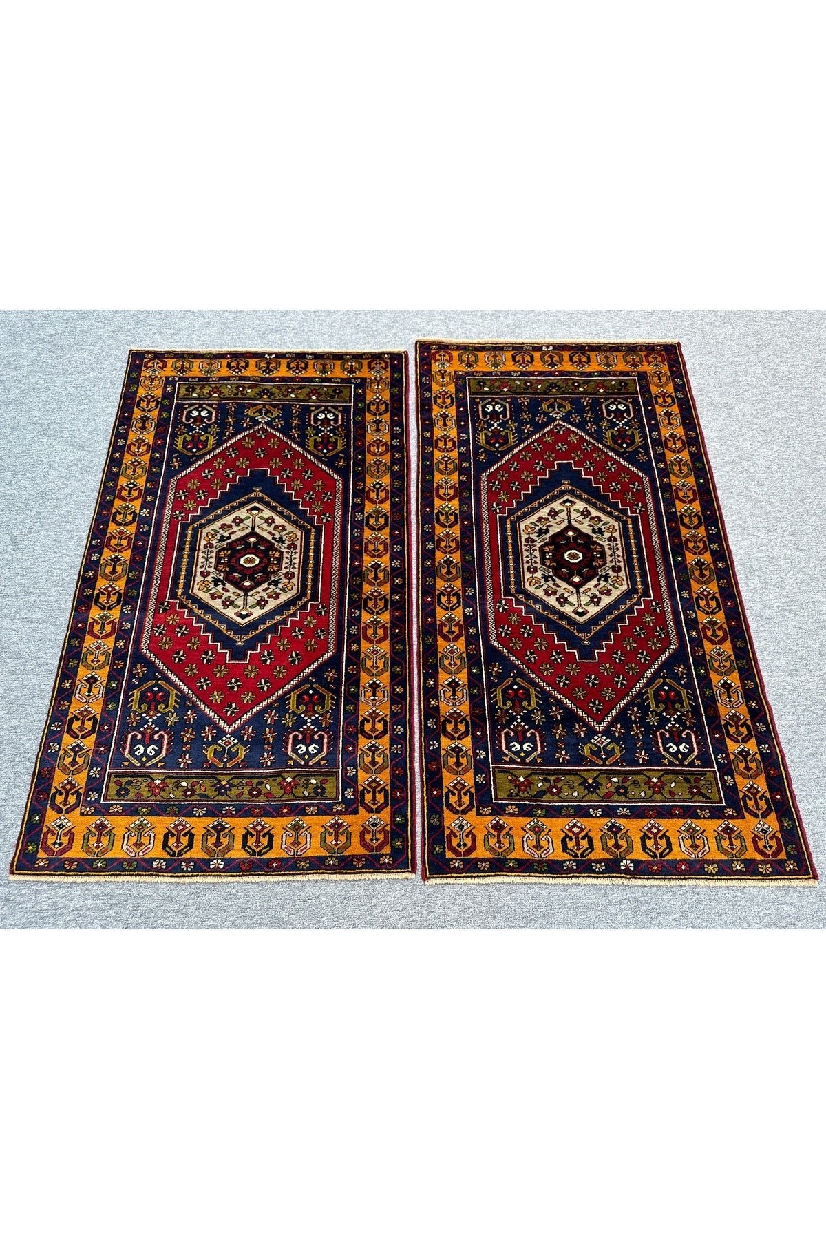 BURAK Rug Hand-Woven SIFIR Pair YAHYALI Rug 105X185 Red Navy Yellow Natural Dye Wool Rug - MALLTURK