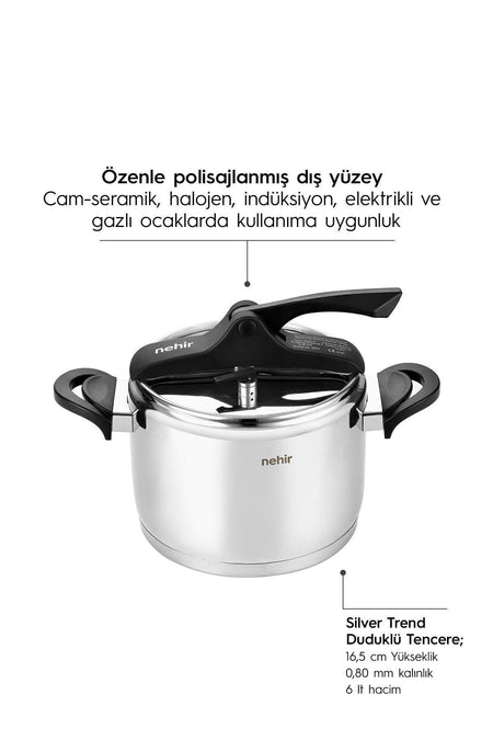 Nehir Silver Trend Stainless Steel 6 Liter Pressure Cooker - MALLTURK
