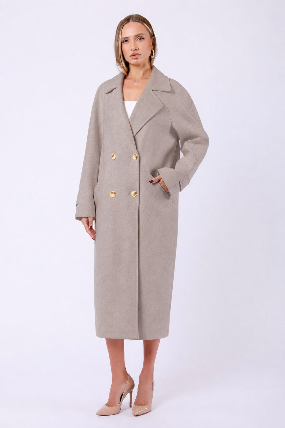 Leather Club Beige Genuine Cashmere Coat