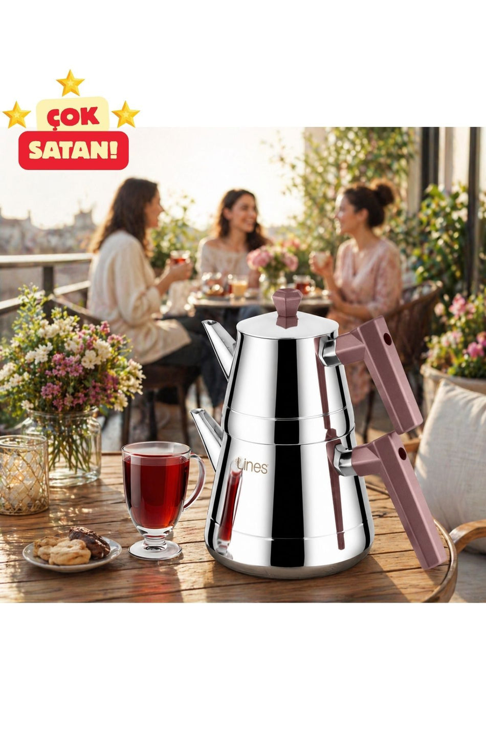 Lines Pyramid Medium Size Stainless Steel Teapot | Soft Handle, Heat Resistant, Long-lasting, Polished Steel Body - MALLTURK