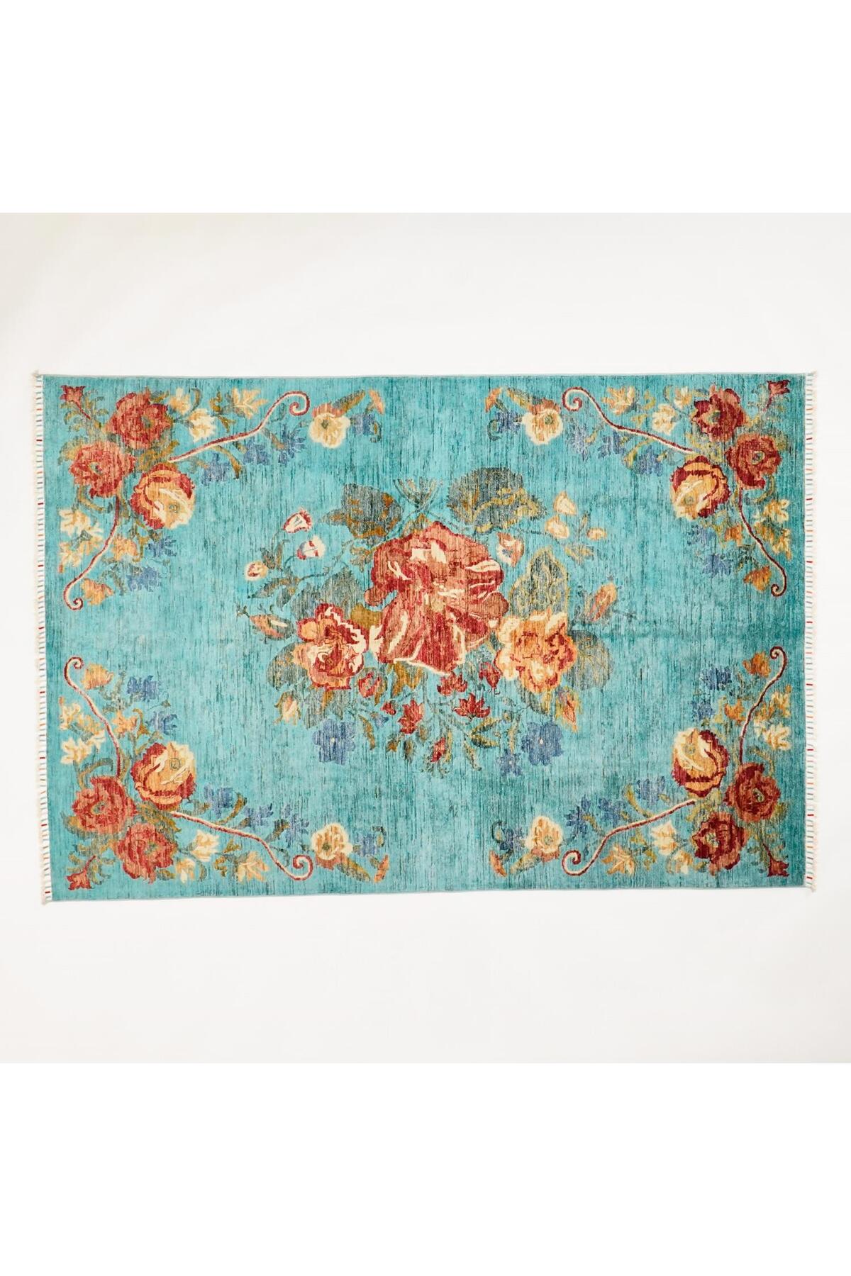 Halicizade Hand-Woven Karabag Pattern Blue Wool Rug - MALLTURK