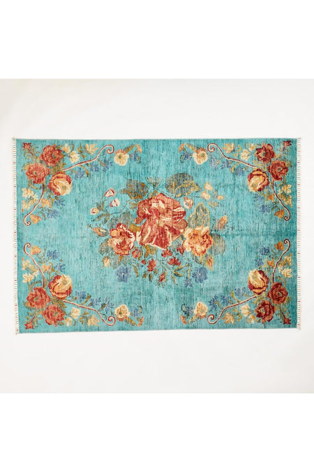 Halicizade Hand-Woven Karabag Pattern Blue Wool Rug - MALLTURK