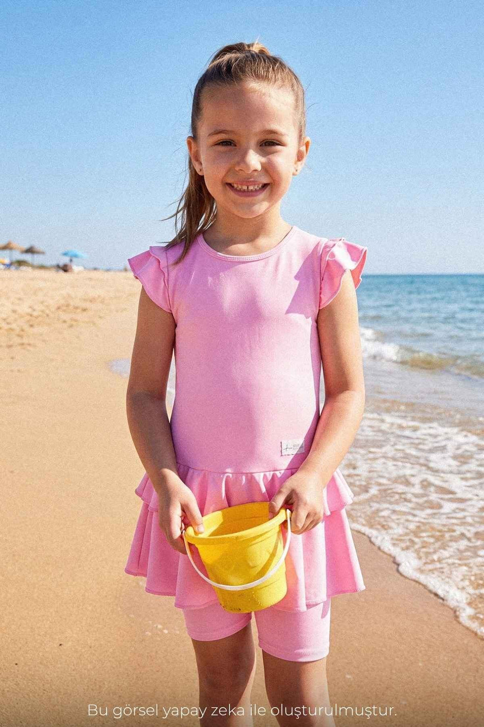 Pink 3-Piece Girls' Swimsuit Set with Ruffled Shoulders 7000