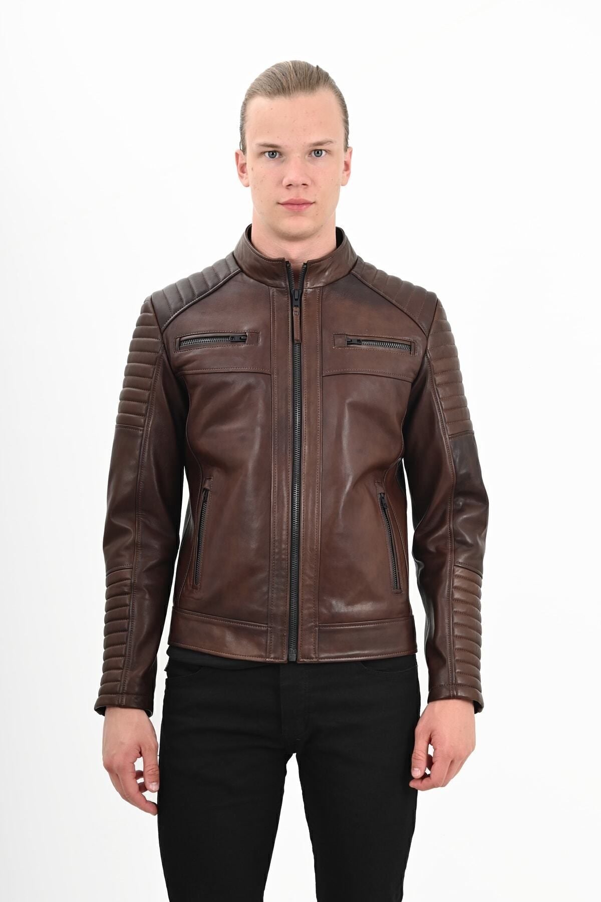 ALIN Sandor Men's Genuine Leather Embossed Stitch Leather Jacket Brown
