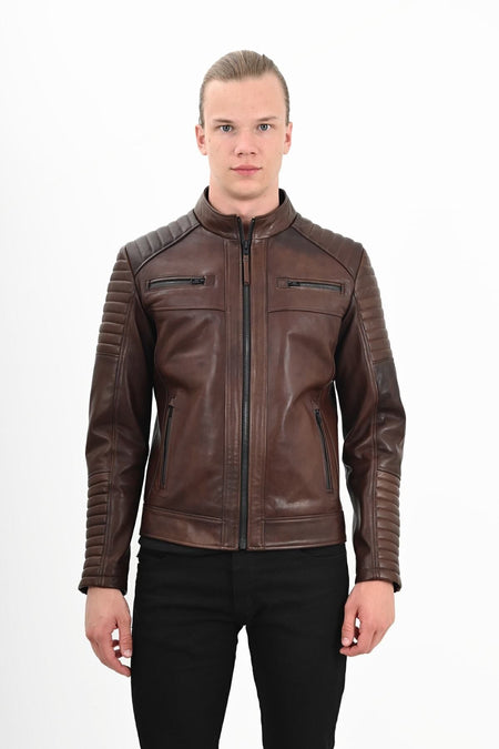 ALIN Sandor Men's Genuine Leather Embossed Stitch Leather Jacket Brown