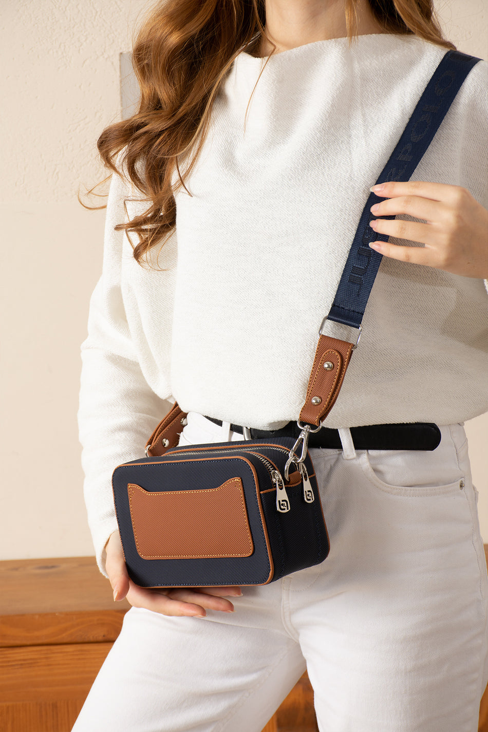 Just Polo Navy Blue and Tan Women's Shoulder and Handbag - MALLTURK
