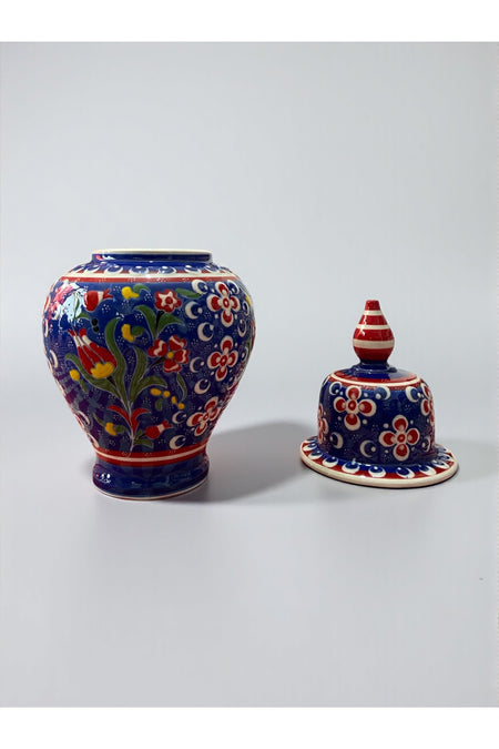YOOS Handmade Wheelwork 25cm Kutahya Ceramic Shah Cube Ceramic Vase Navy Blue - MALLTURK
