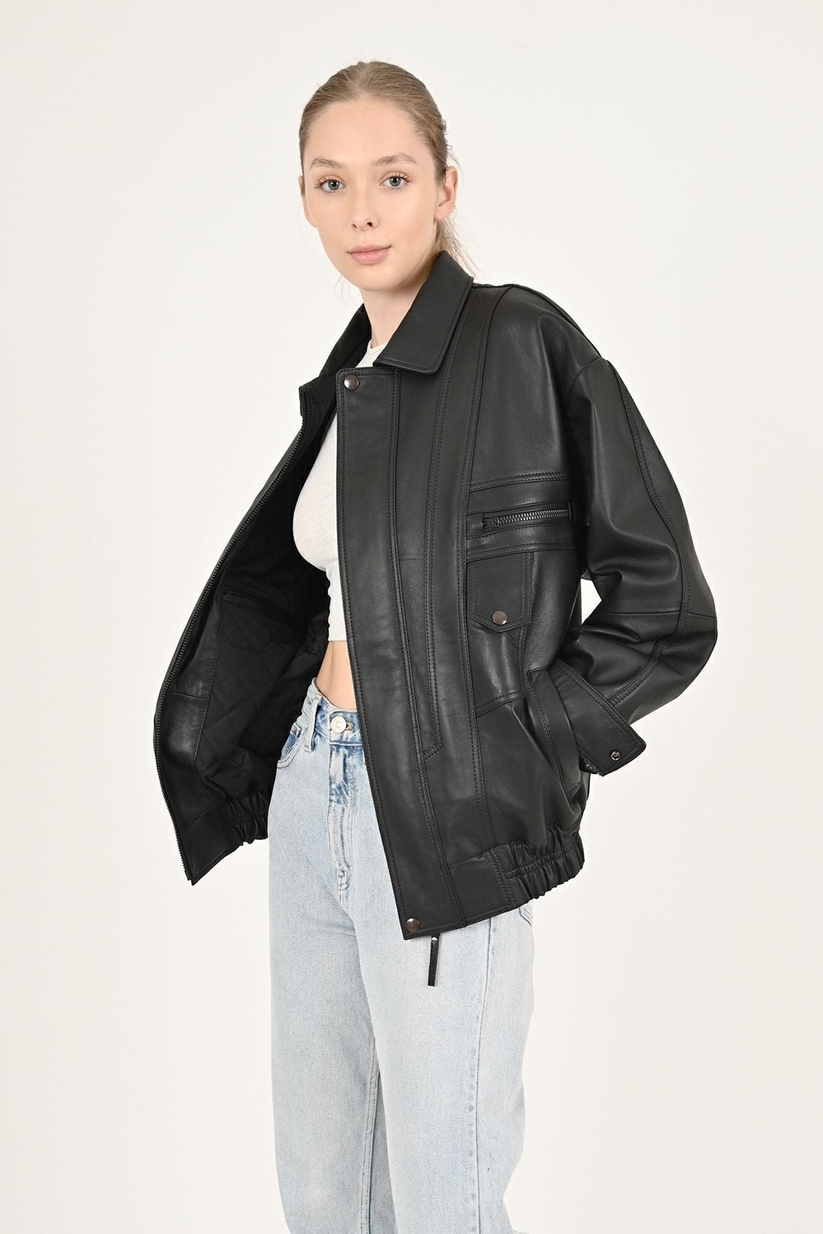 ALIN Beirut Women's Genuine Leather Oversize Jacket Black - MALLTURK
