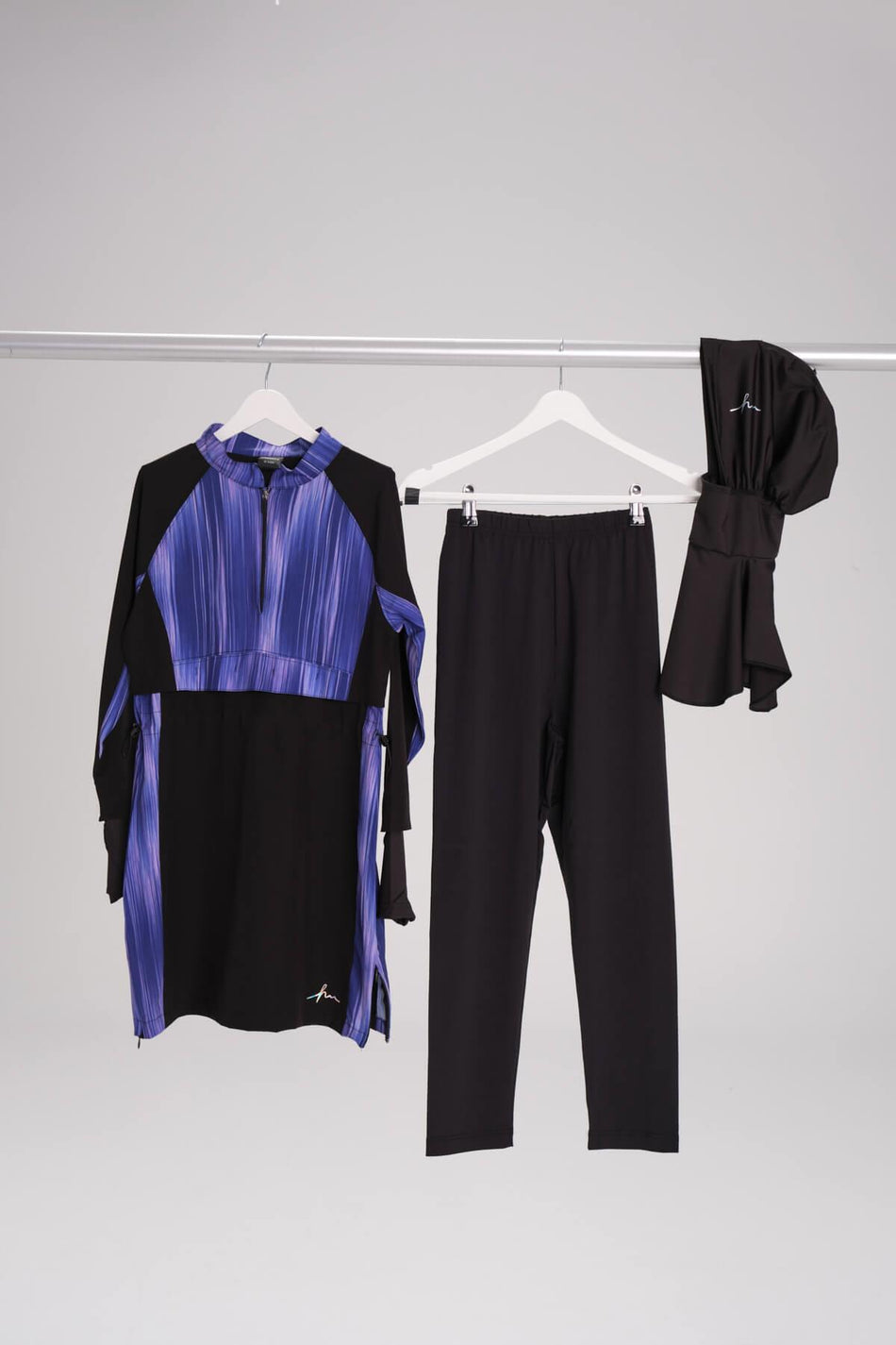 5-Piece Girls' Modest Swimsuit Set in Black and Purple with Pattern 4083