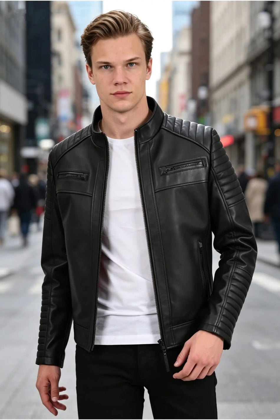 ALIN Sandor Men's Genuine Leather Embossed Stitch Leather Jacket Black