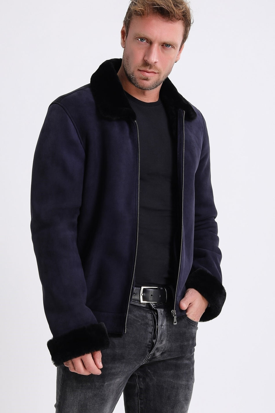 Veste de pilote en daim bleu marine Leather Club