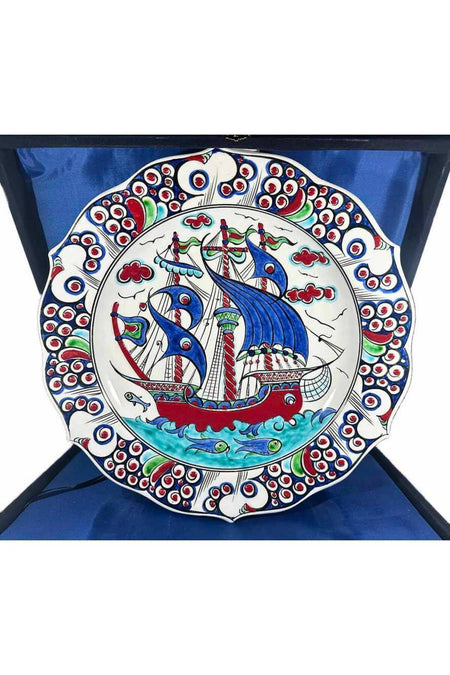 Cini Evi Galleon Patterned Iznik Tile Plate Yeni Baslangic and Kariyer Gift - MALLTURK