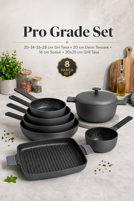 Aryildiz Pro Grade 8 Piece Granite Cast Cookware Set Saucepan Grill Frying Pan
