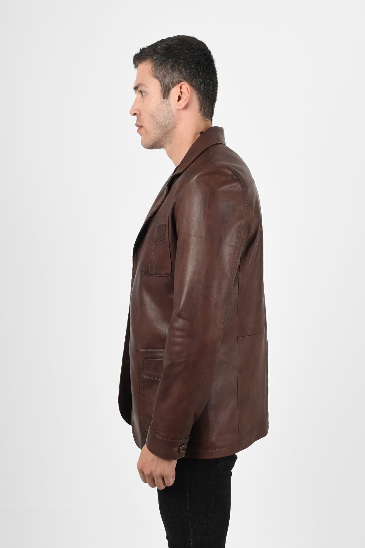 ALIN Martell Men's Genuine Leather Blazer Leather Jacket Brown - MALLTURK