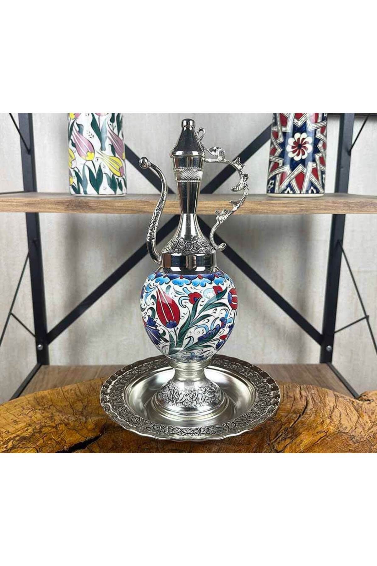 Cini Evi Red Tulip and Flower Patterned Iznik Tile Ewer Set - MALLTURK