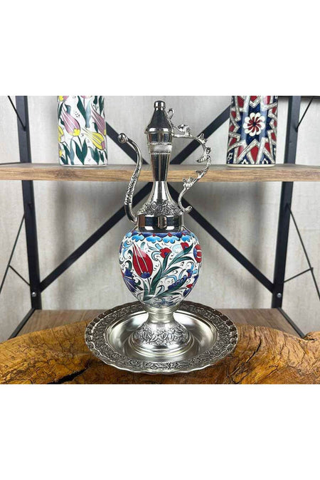Cini Evi Red Tulip and Flower Patterned Iznik Tile Ewer Set - MALLTURK