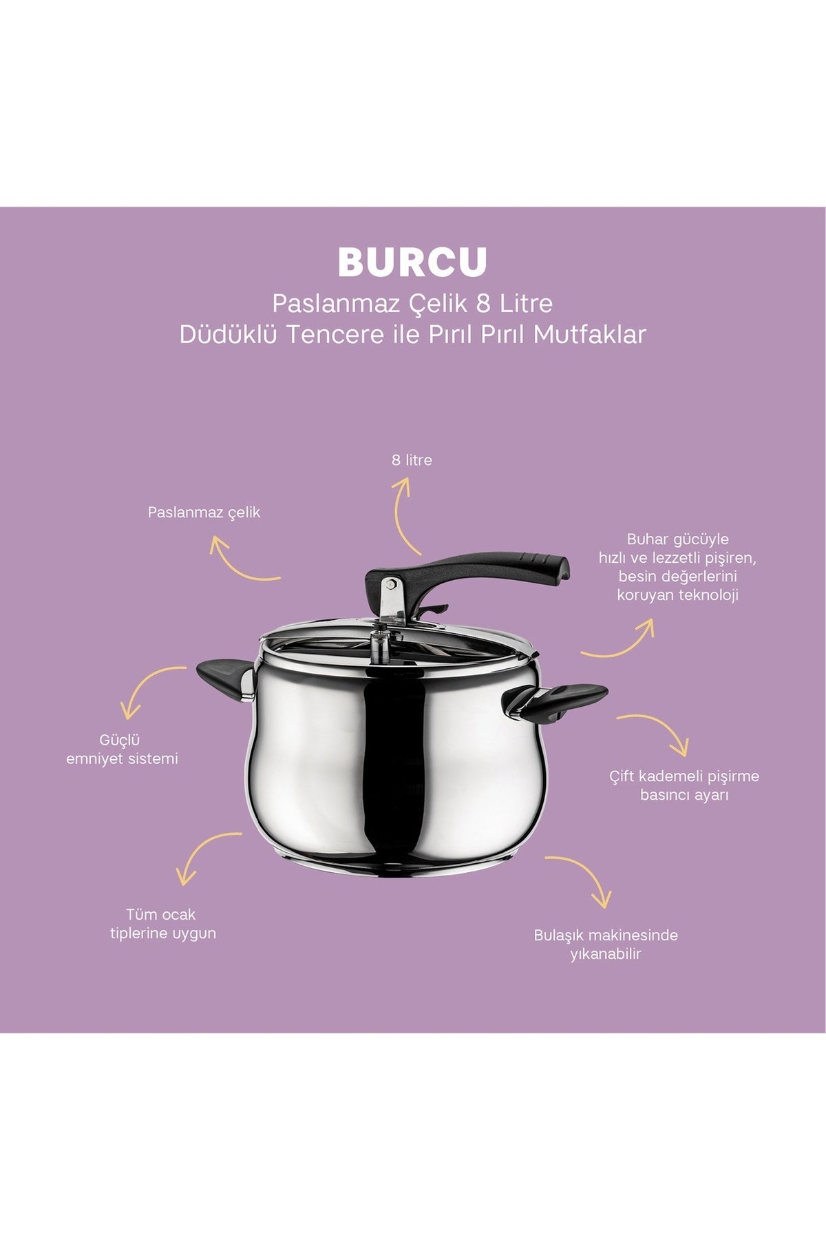 Emsan Burcu Stainless Steel Pressure Cooker 8 Lt - MALLTURK