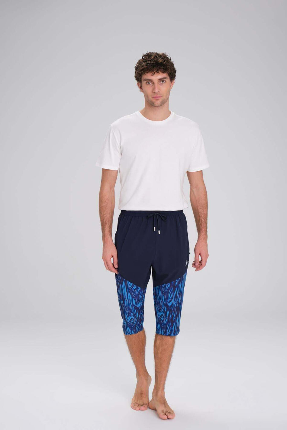 Men's Long Swim Shorts in Navy Blue with Patterned Swimsuit Design 2411