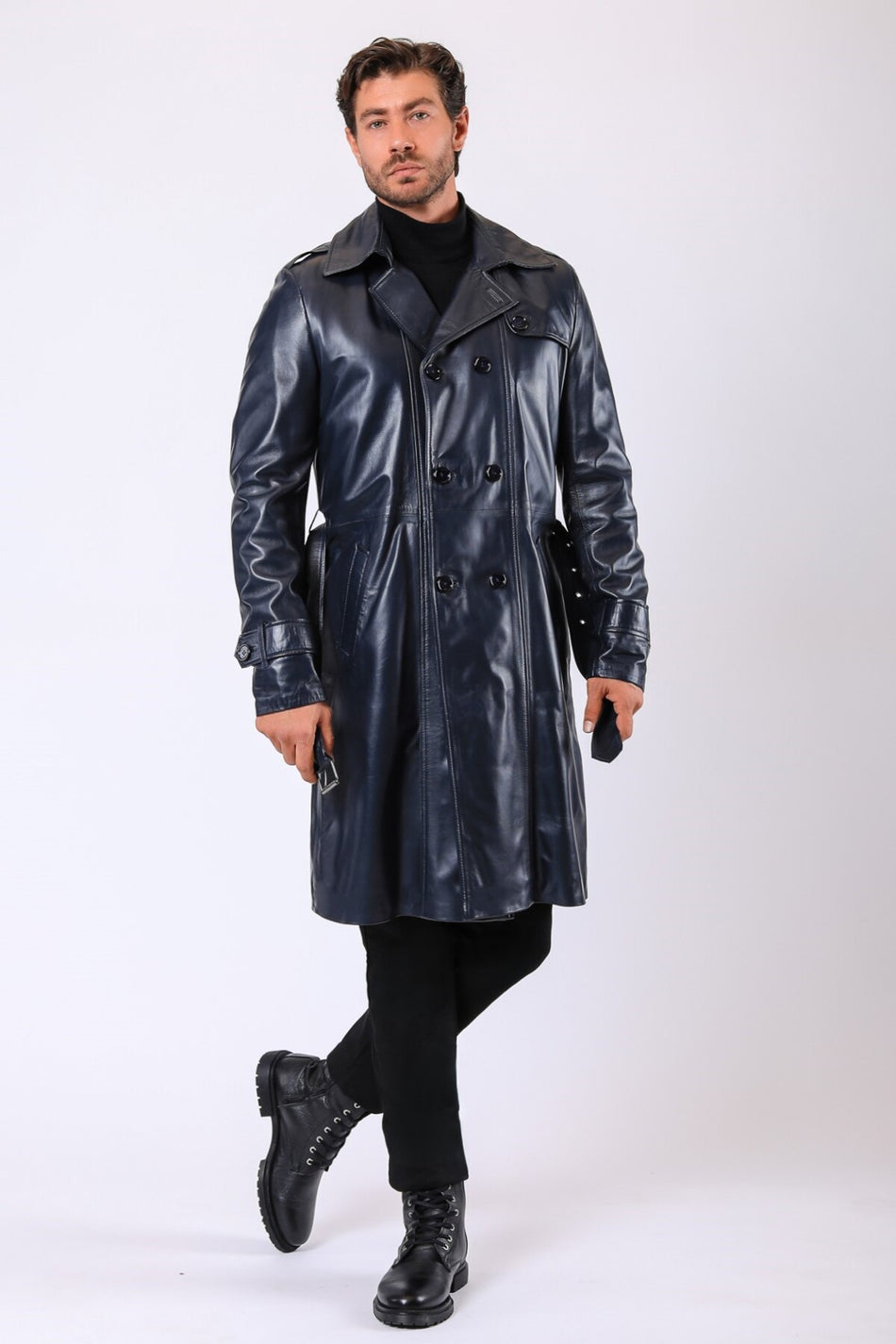Marineblauwe trenchcoat van echt leer van Leonardo van Leather Club