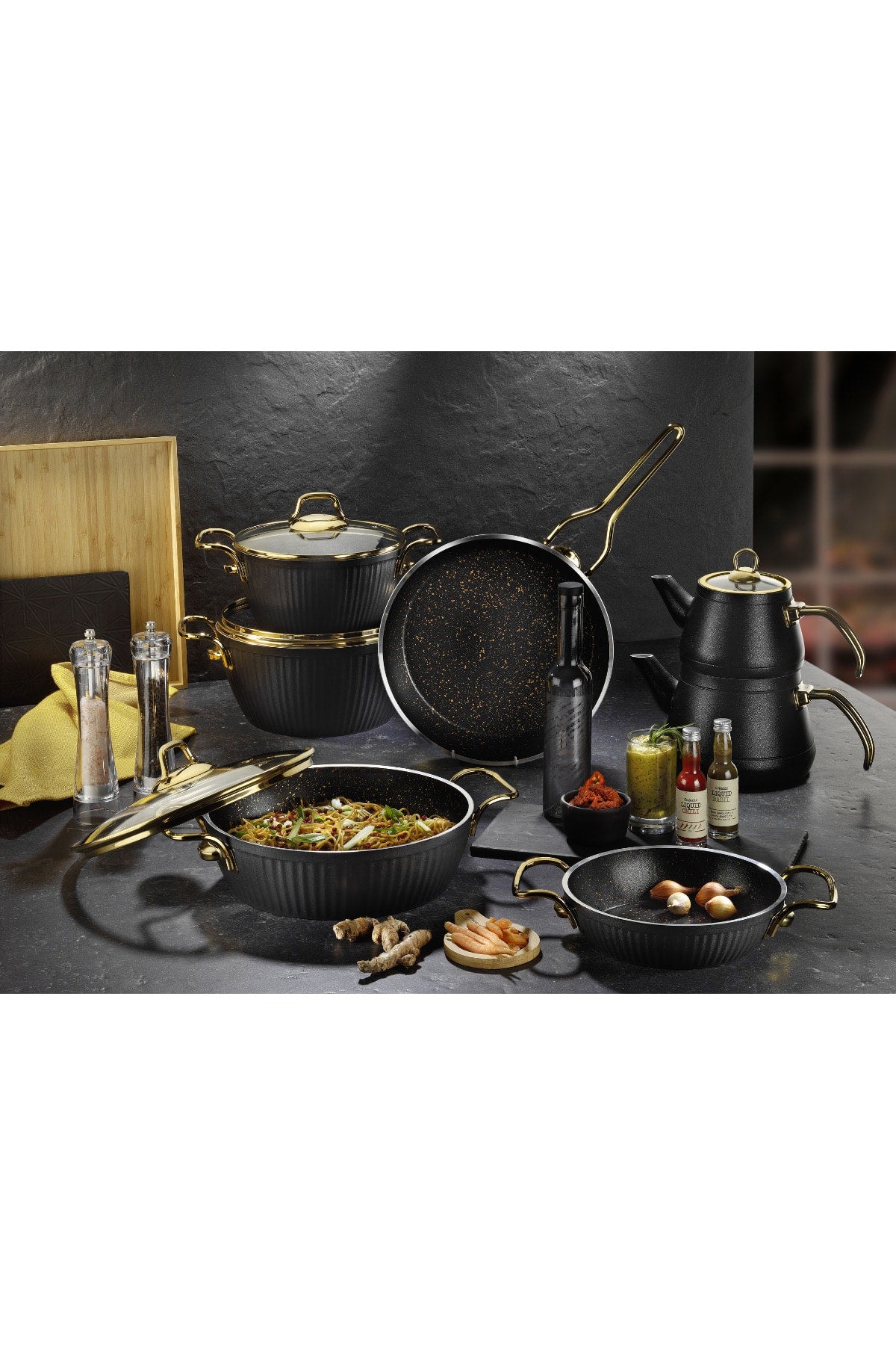 Lines Maya 11 Piece Granite Desenli Cookware Set Altin Kulp
