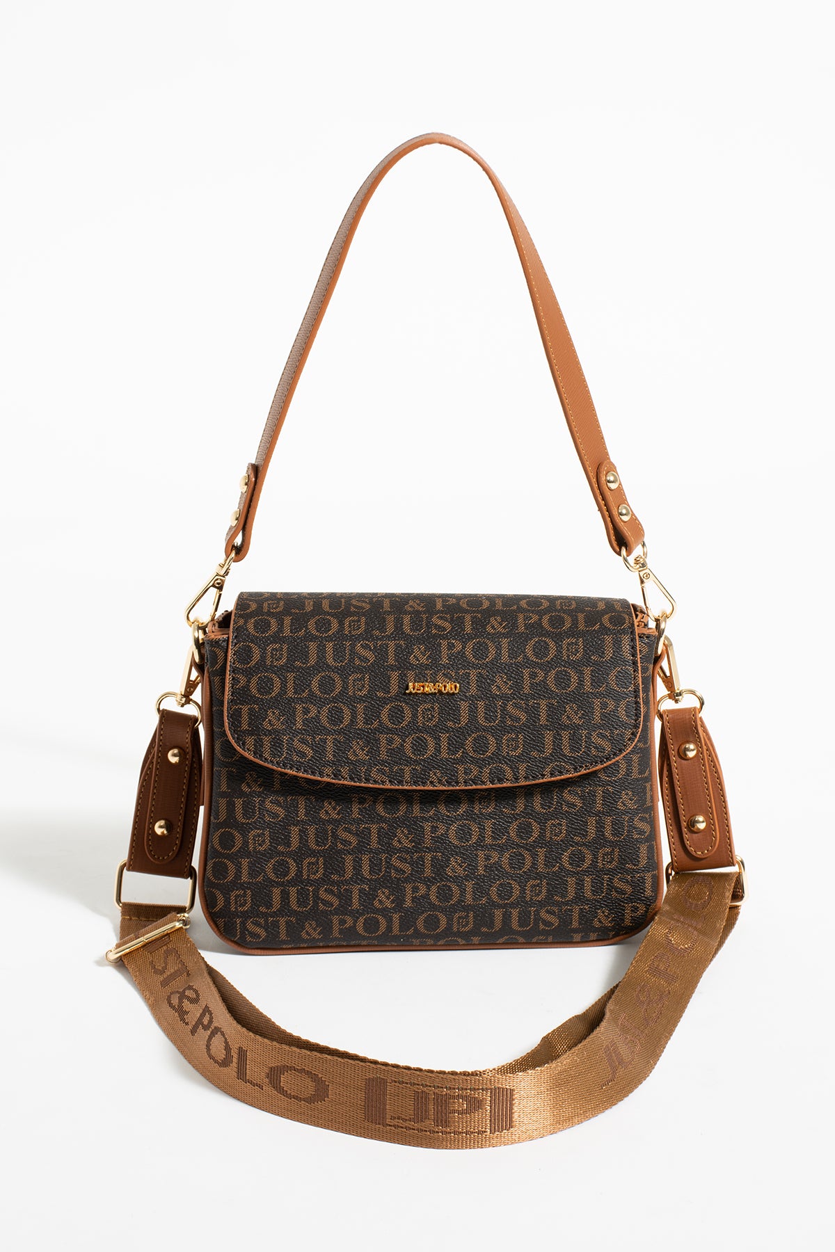 Just Polo Women's Three-Compartment Shoulder Bag and Wallet Set Brown - MALLTURK