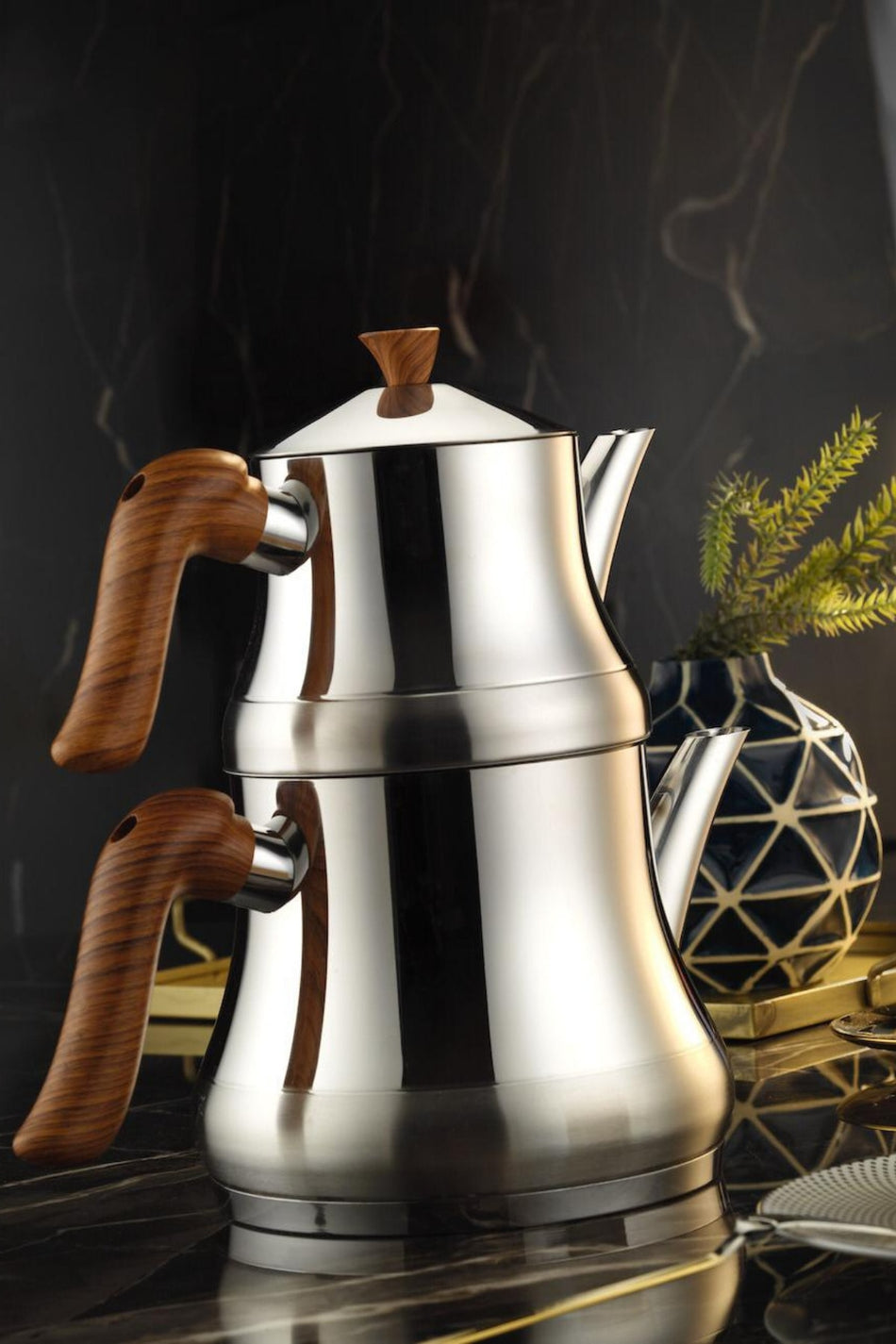Lines Naz Stainless Steel Teapot with Wooden Handles, Medium Size - MALLTURK