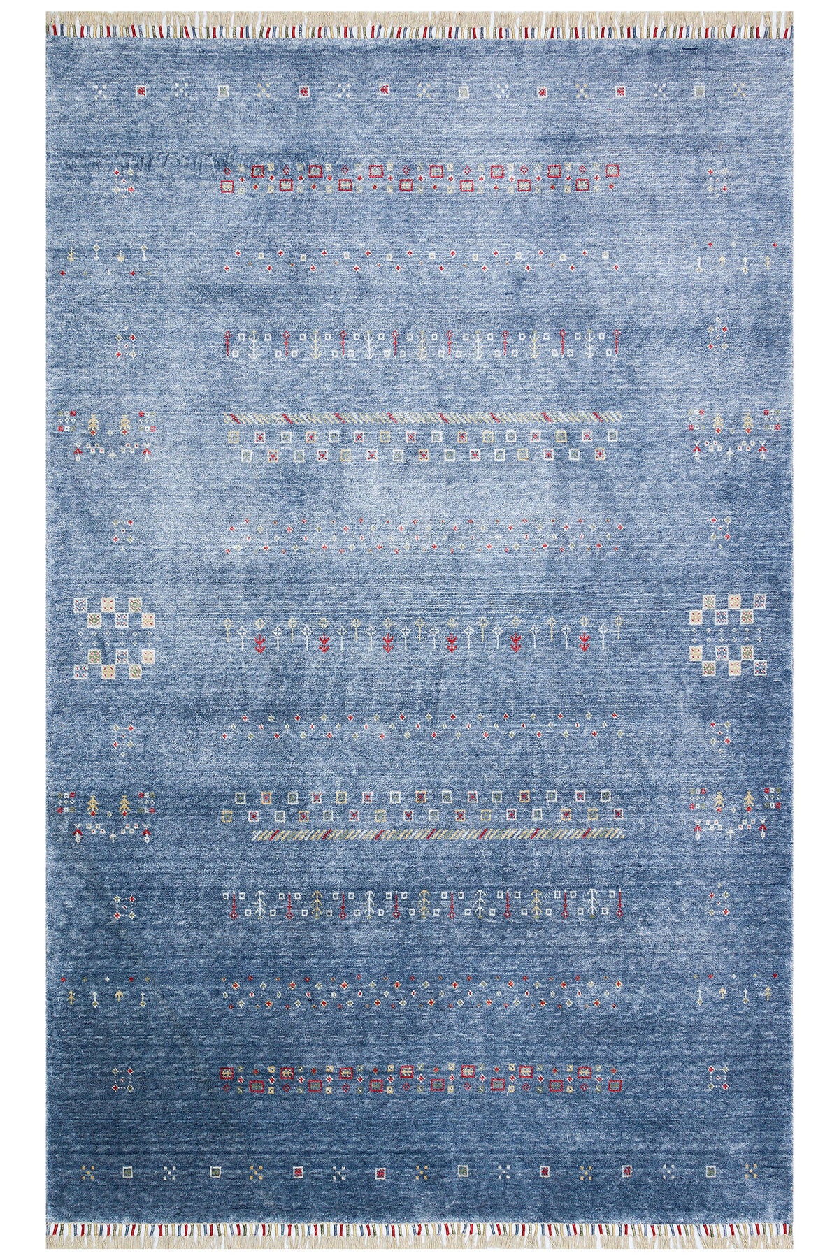 Vog Hali Efsun Handmade Blue Lyocell Special Loom Modern Usak Patterned Fringed Living Room Carpet - MALLTURK