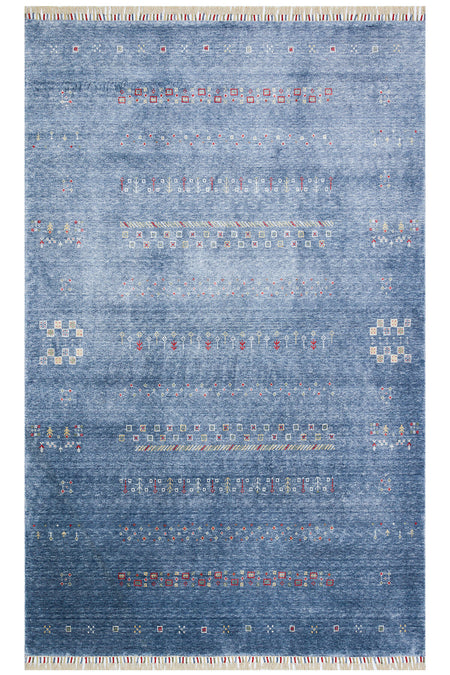 Vog Hali Efsun Handmade Blue Lyocell Special Loom Modern Usak Patterned Fringed Living Room Carpet - MALLTURK