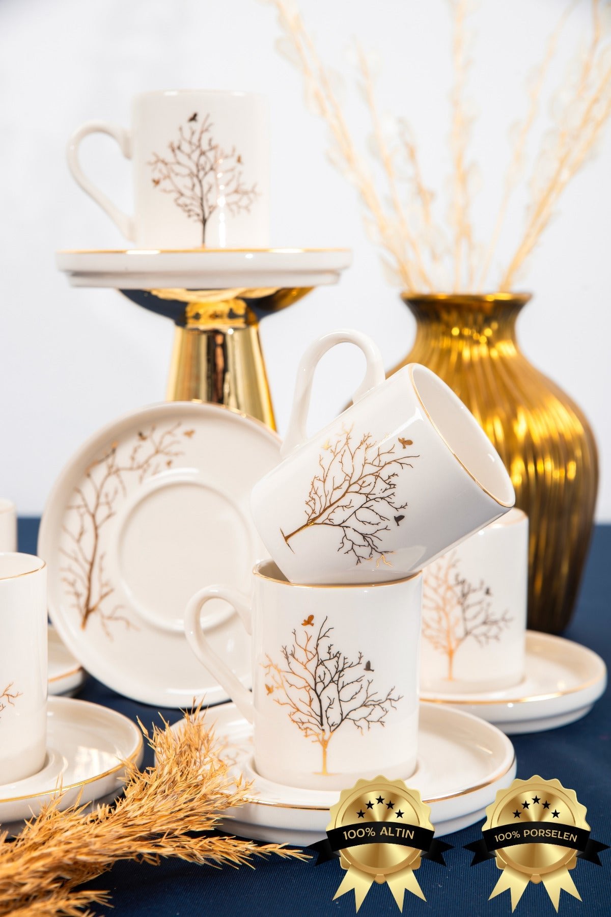 Farika Porselen Tree of Life 12-Piece 6-Person Gold-Plated Porcelain Coffee Cup Set - MALLTURK