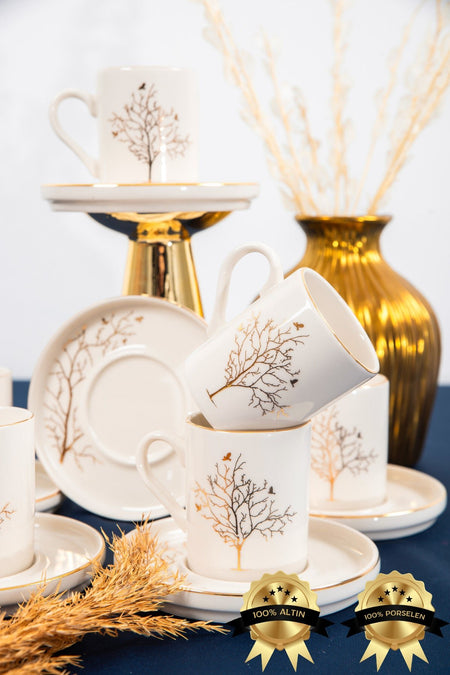 Farika Porselen Tree of Life 12-Piece 6-Person Gold-Plated Porcelain Coffee Cup Set - MALLTURK