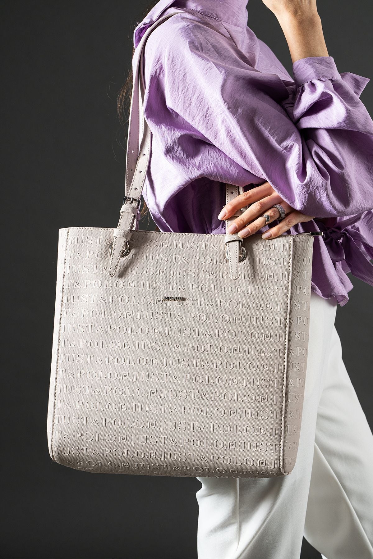 Just Polo Women's Embossed Print Oversized Shoulder Bag Gray JPM4067 - MALLTURK