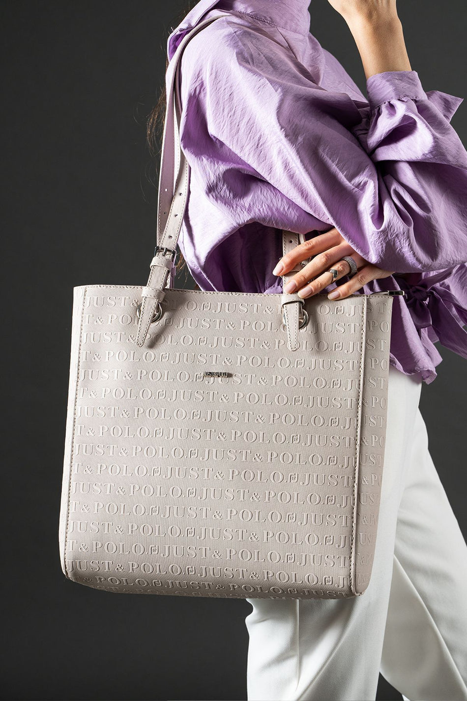 Just Polo Women's Embossed Print Oversized Shoulder Bag Gray JPM4067 - MALLTURK