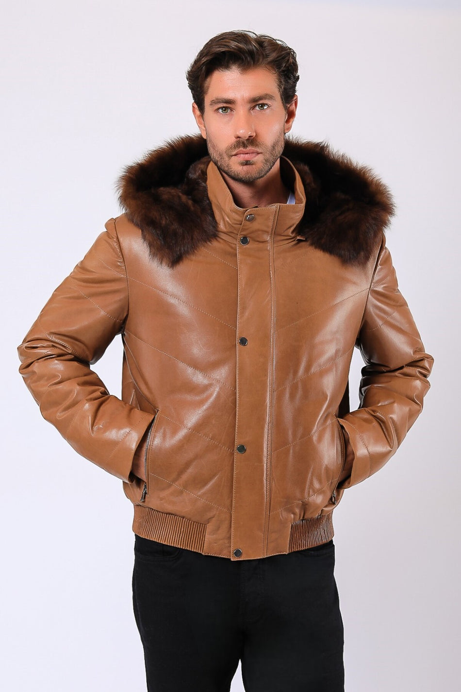 Leather Club lichtbruine Pedro-jas van echt leer met bontaccessoires