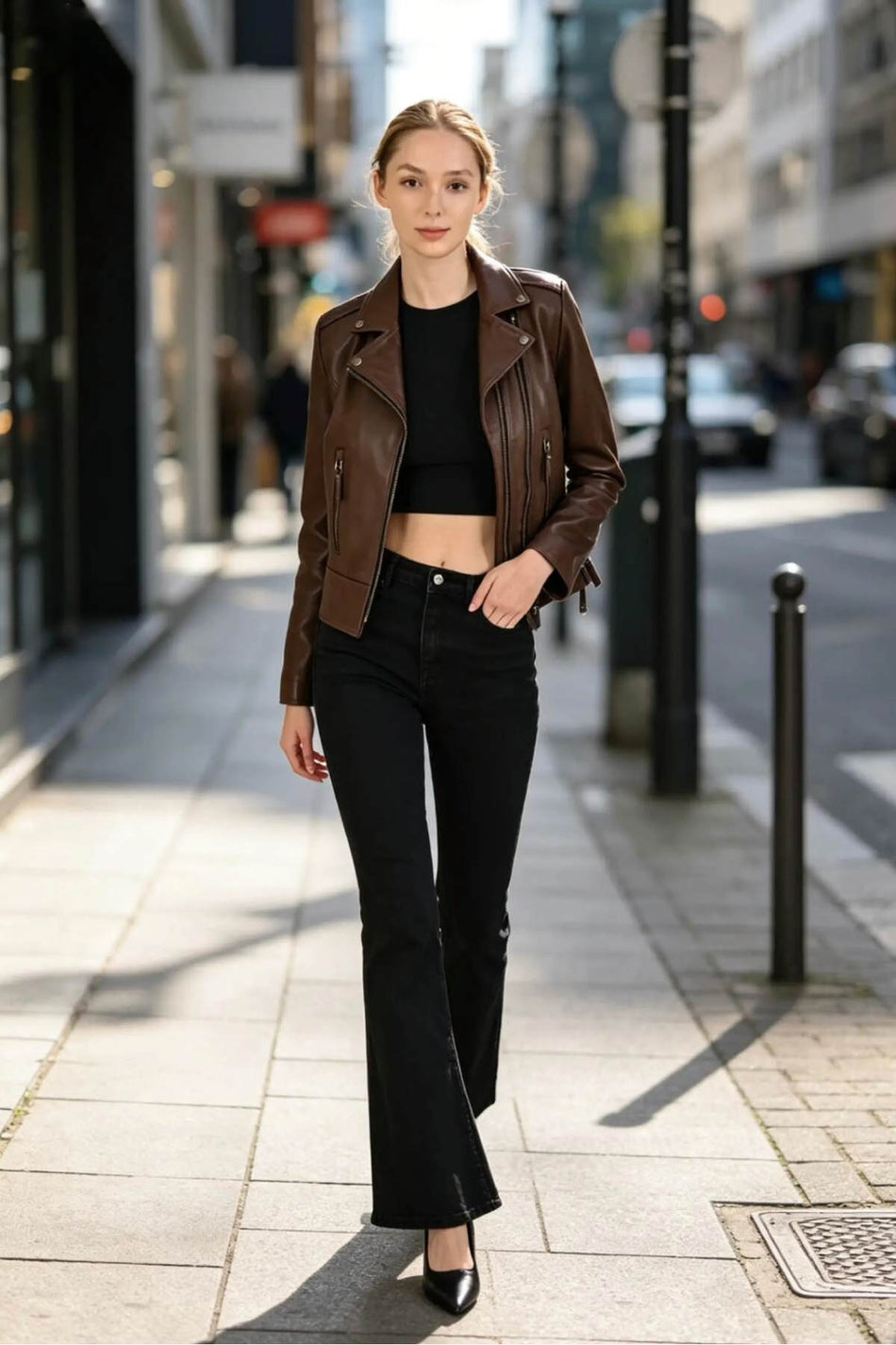ALIN Liberty Women's Genuine Leather Biker Jacket Brown