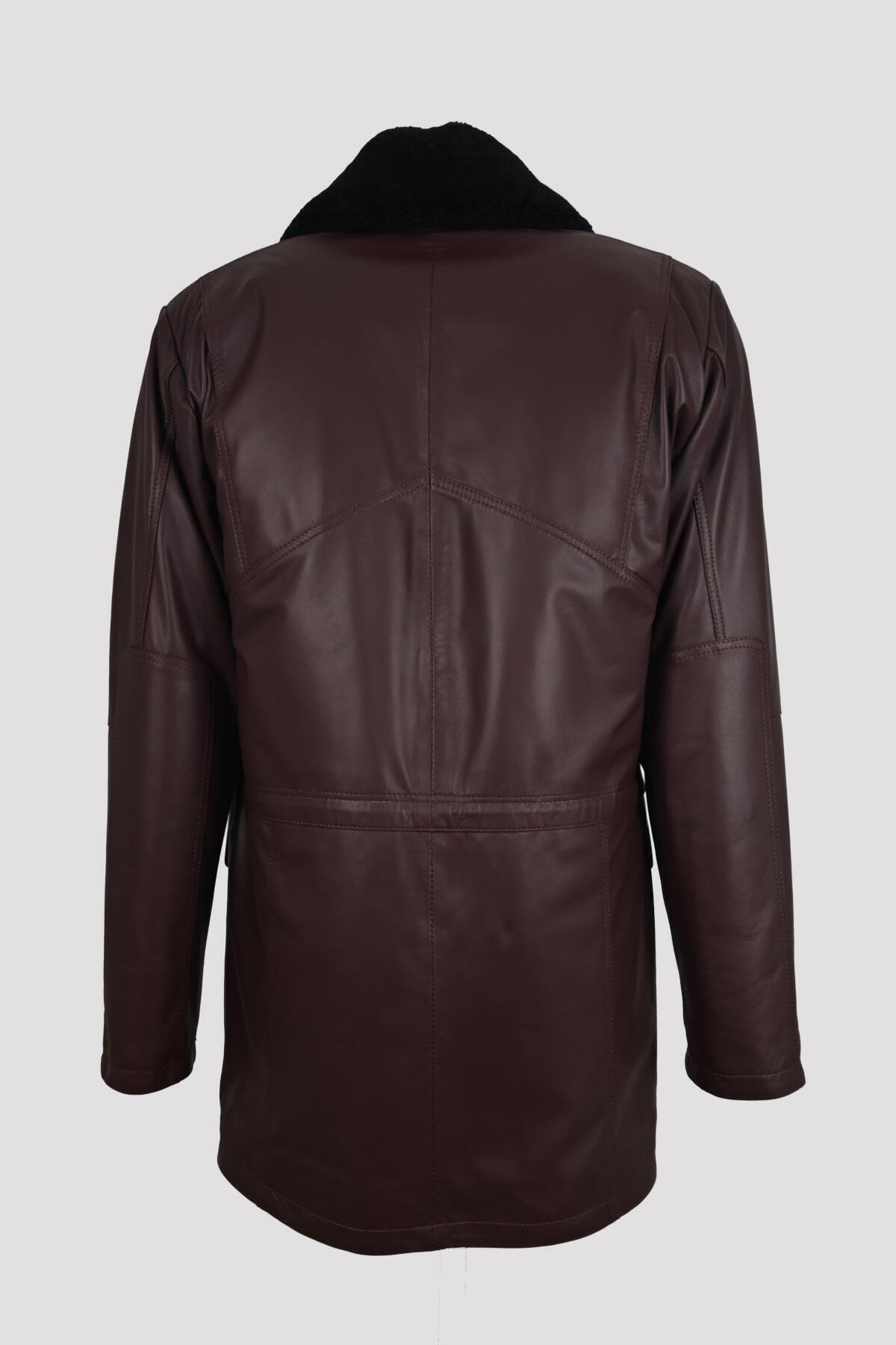 ALIN Tarkan Men's Genuine Leather Fur Collar Winter Leather Coat Burgundy - MALLTURK