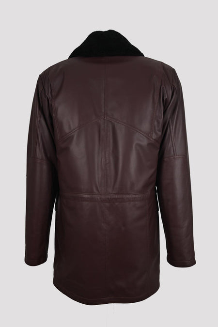ALIN Tarkan Men's Genuine Leather Fur Collar Winter Leather Coat Burgundy - MALLTURK