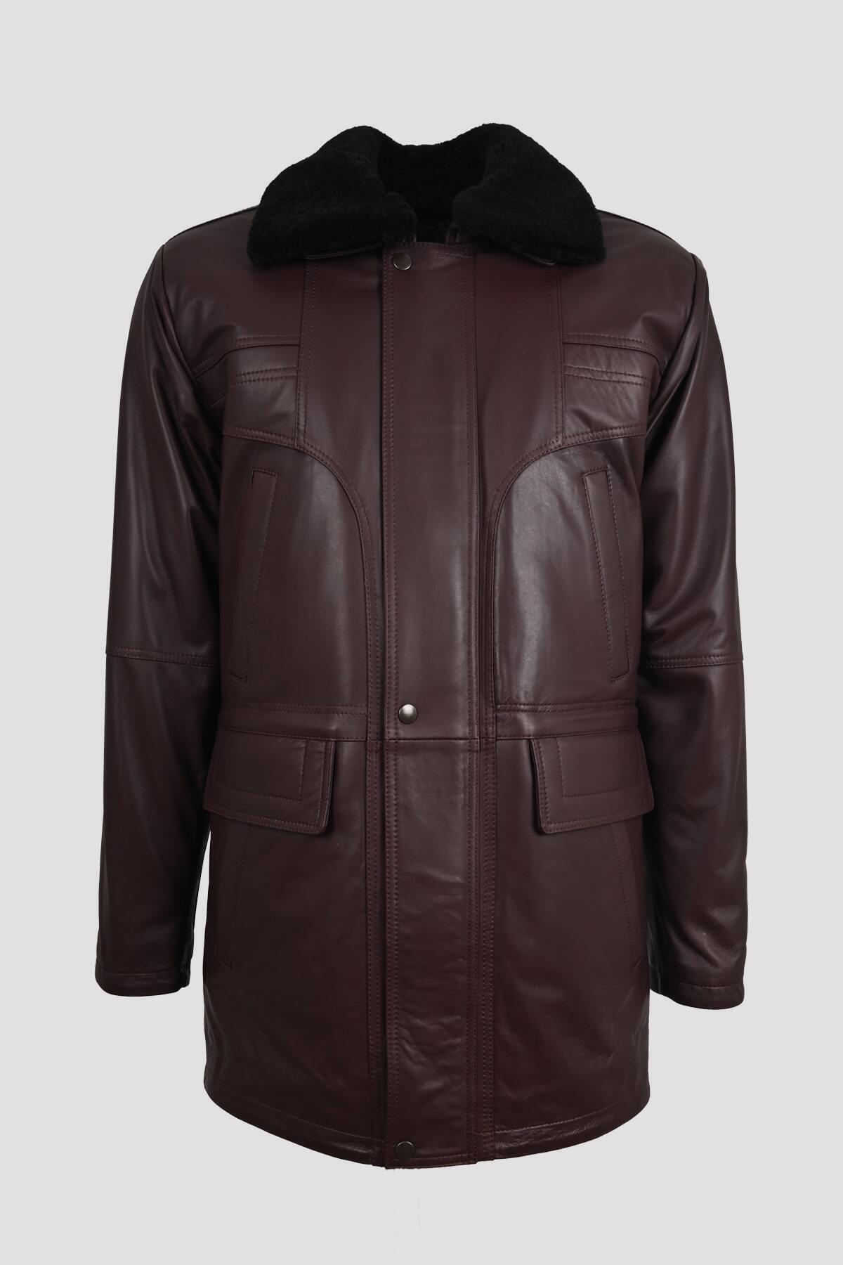 ALIN Tarkan Men's Genuine Leather Fur Collar Winter Leather Coat Burgundy - MALLTURK