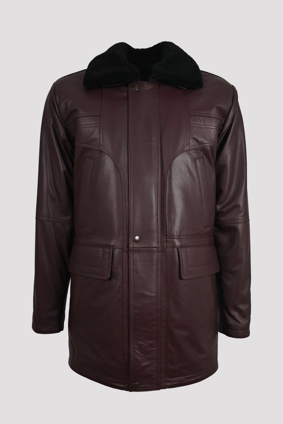 ALIN Tarkan Men's Genuine Leather Fur Collar Winter Leather Coat Burgundy